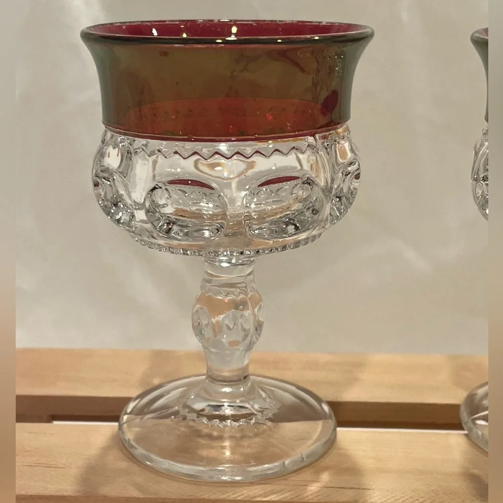 ☀️2/$20 Pair (2) Tiffin Ruby Red Kings Crown Thumbprint Cordials Small Goblets